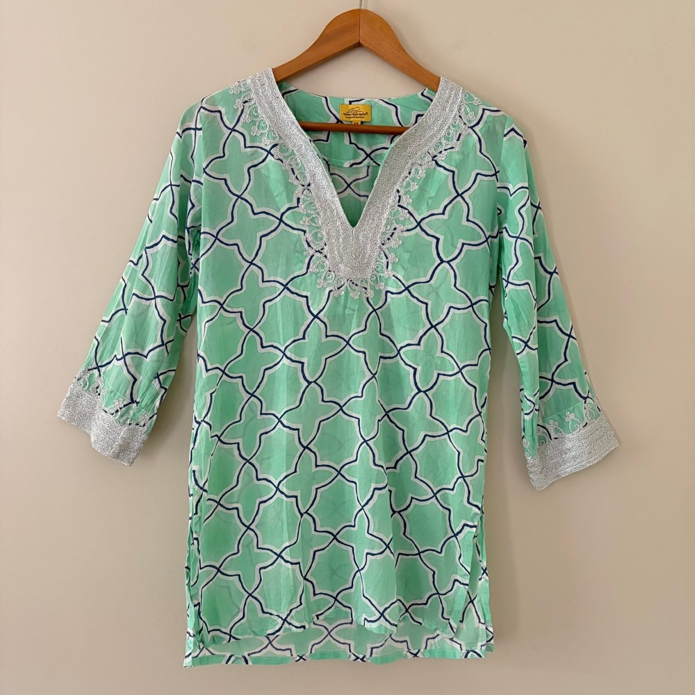 Roberta Roller Rabbit Tunic XS Mint Green Geometric Metallic Lace Boho Kurta